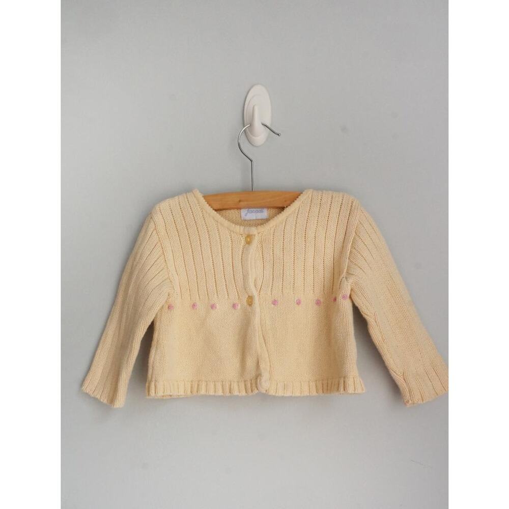 JACADI girls sz 18 m ivory knit cardigan w pink roses EUC
